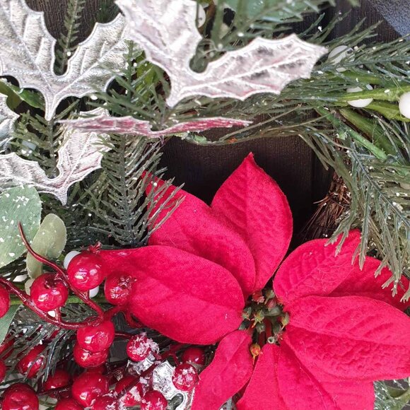 Christmas Handmade Red Flower Silver Wreath Home Office Decor Door Wall Hanger - Picture 4 of 8